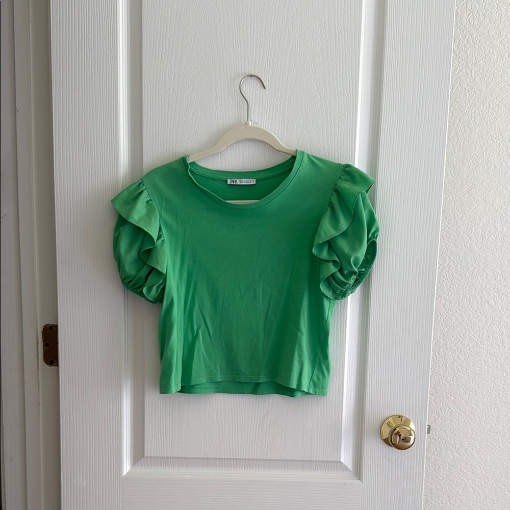 Zara Green Top with Puffy Sleeves